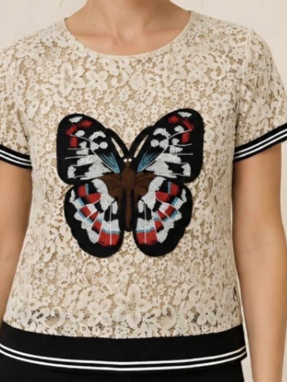 Hale Bob Lace Whimsical Butterfly Embroidered Top Cream Black Trim Small